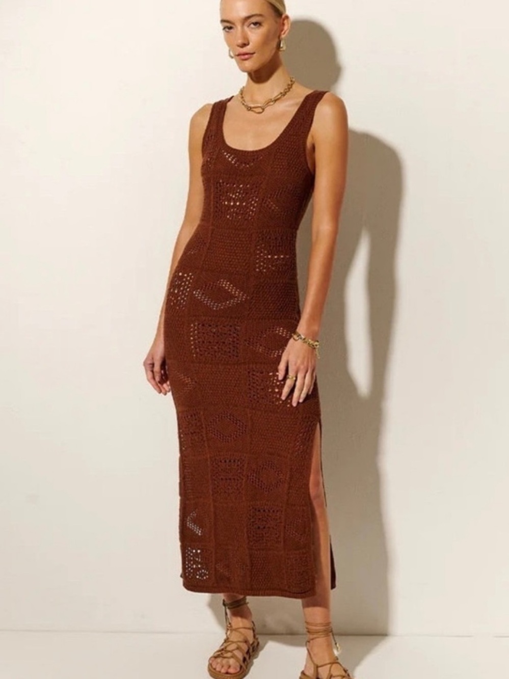 Clementine Knit Midi Tank Dress With Side Slit In Brown